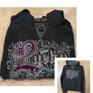 Lucky Brand Black Hoodie with Purple Embroidered Logo Graphic
